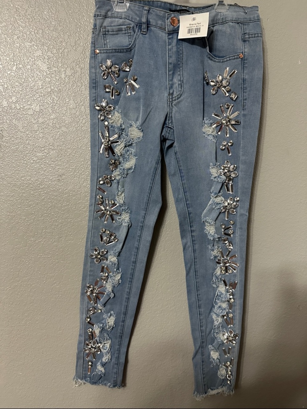 Crystal-Embellished Light Blue Skinny Jeans for Women